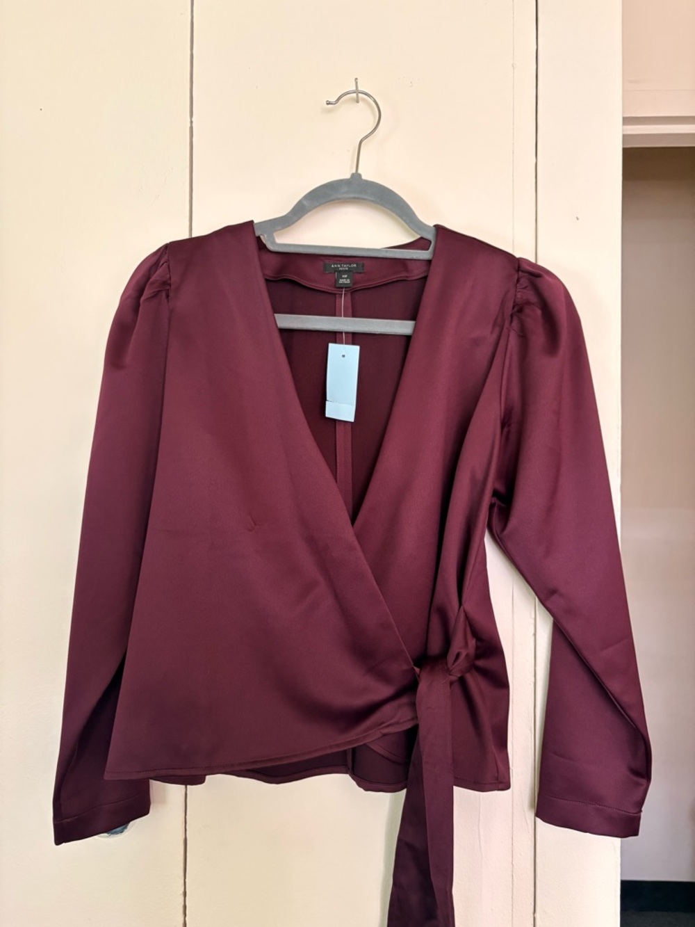 Ann Taylor Wrap Front Blouse in Deep Burgundy